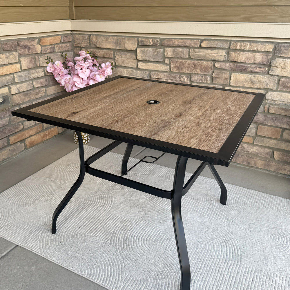 Wood-Look Outdoor Garden Dining Table Square Patio Table With Umbrella Hole