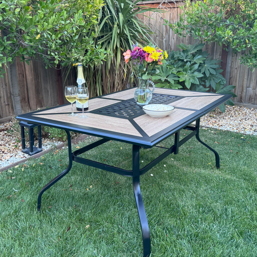Geometric Wood-look Patio Dining Table with Umbrella Hole