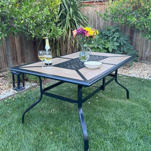 Geometric Wood-look Patio Dining Table with Umbrella Hole