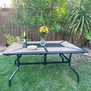 Geometric Wood-look Patio Dining Table with Umbrella Hole