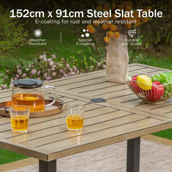 Garden Dining Set 6 Seater Teak-Grain Garden Table And Rattan Chairs