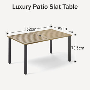 Teak-Grain Outdoor Garden Dining Table Metal Table with Umbrella Hole 6 Seaters