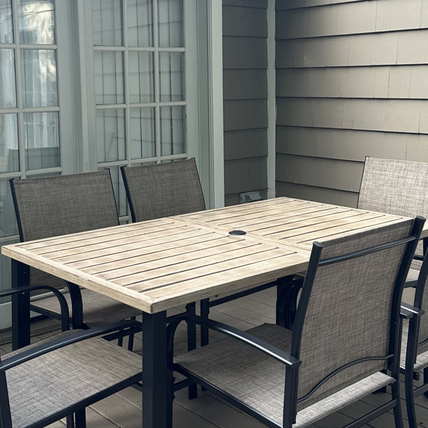 Garden Dining Set 6 Seater Teak-Grain Garden Table And Rattan Chairs