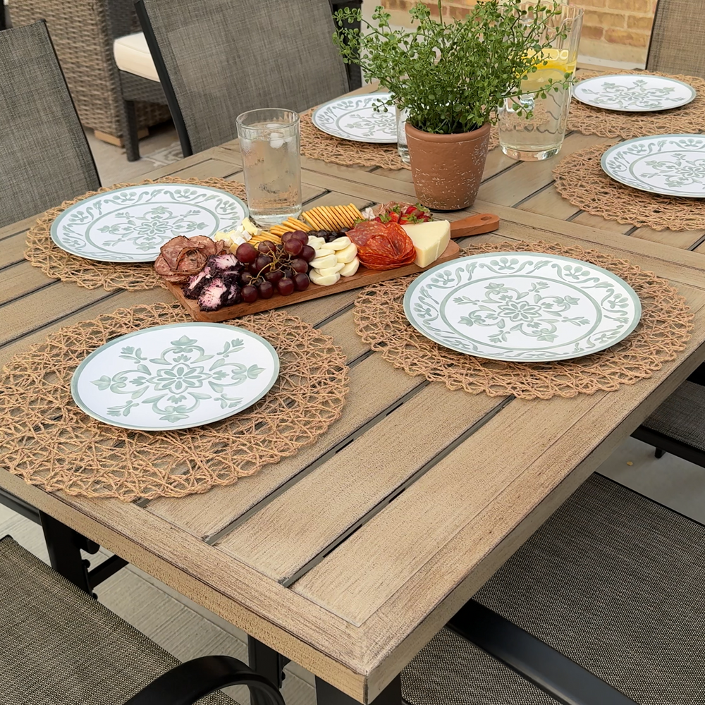Teak-Grain Outdoor Garden Dining Table Metal Table with Umbrella Hole 6 Seaters