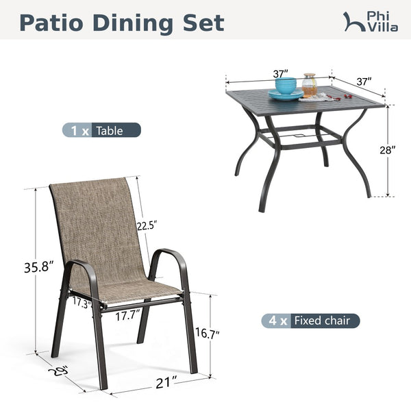 5-Piece Garden Dining Set with Textilene Stackable Chairs and Metal Square Table