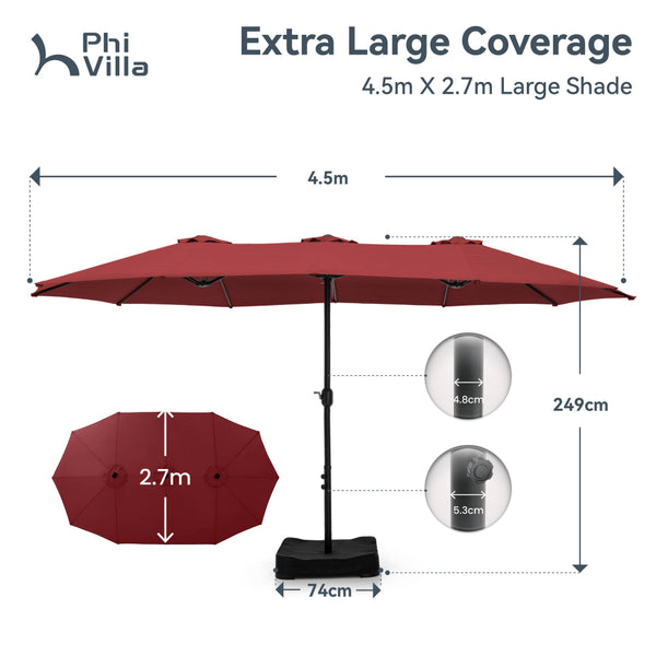4.5m Double-Sided Patio Extra Large Twin Umbrella with Base
