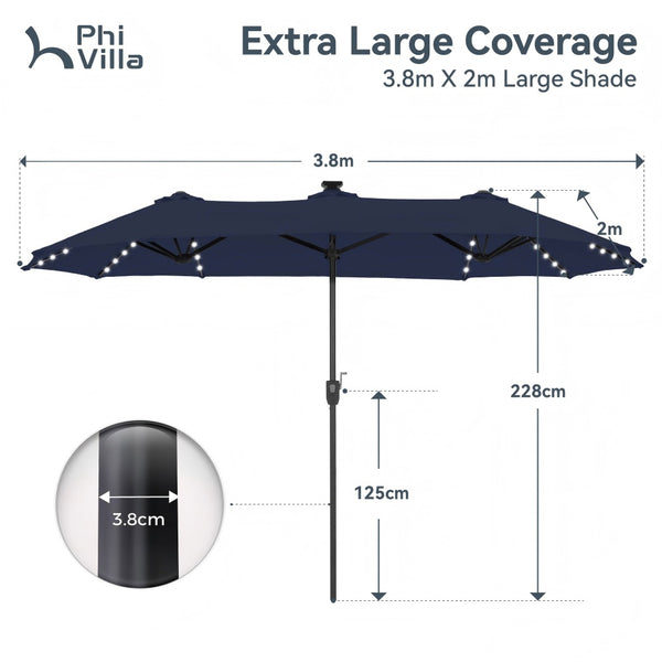 4m Large Double-Sided Patio Umbrella with Solar Powered LED Lights