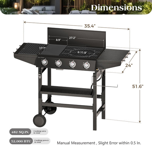 All-in-One Propane Grill with Extra-Large 482 Sq.In Cooking Area, 52,000 BTU