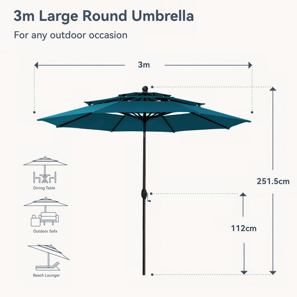 3m 3 Tier Auto-tilt Patio Umbrella Outdoor Double Vented Umbrella