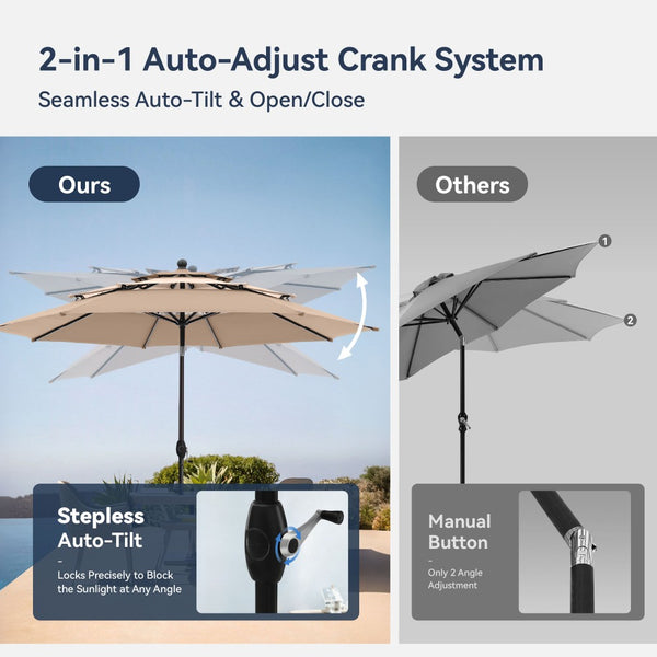 3m 3 Tier Auto-tilt Patio Umbrella Outdoor Double Vented Umbrella
