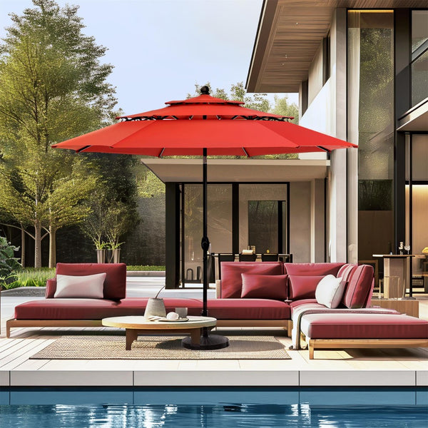 3m 3 Tier Auto-tilt Patio Umbrella Outdoor Double Vented Umbrella