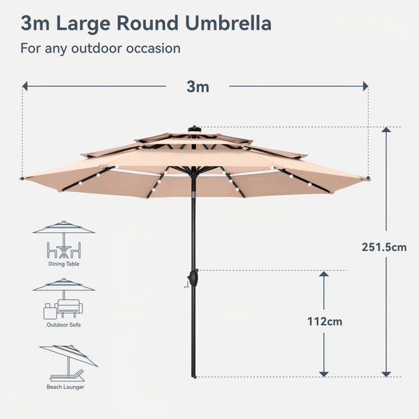3m Solar 3 Tier Auto-tilt Patio Vented Umbrella with LED Lights