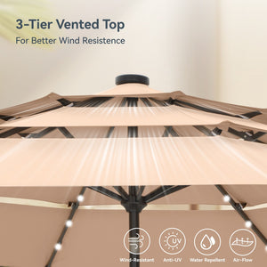3m Solar 3 Tier Auto-tilt Patio Vented Umbrella with LED Lights