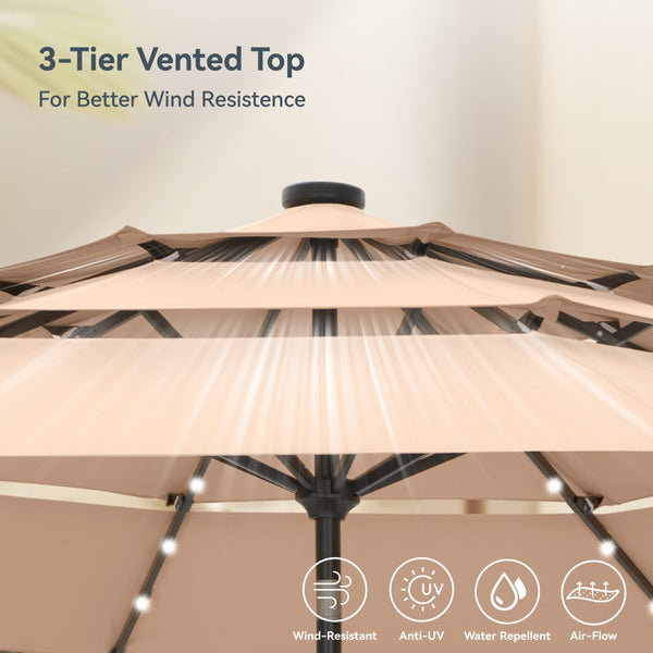 3m Solar 3 Tier Auto-tilt Patio Vented Umbrella with LED Lights