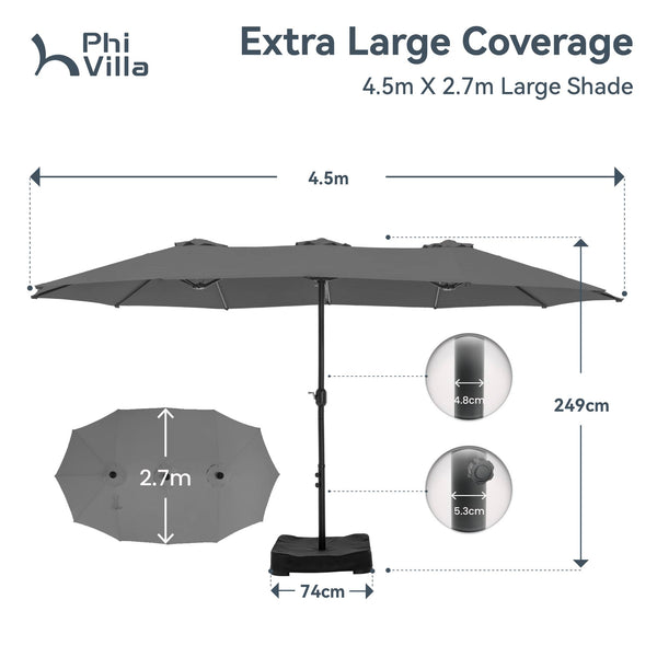 4.5m Double-Sided Patio Extra Large Twin Umbrella with Base