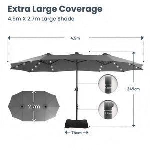 4.5m Solar Double-Sided Patio Extra Large Twin Umbrella with Led Lights and Base