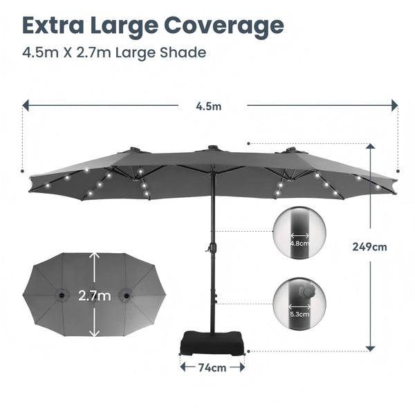 4.5m Solar Double-Sided Patio Extra Large Twin Umbrella with Led Lights and Base