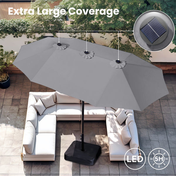4.5m Solar Double-Sided Patio Extra Large Twin Umbrella with Led Lights and Base