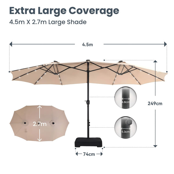 4.5m Solar Double-Sided Patio Extra Large Twin Umbrella with Led Lights and Base