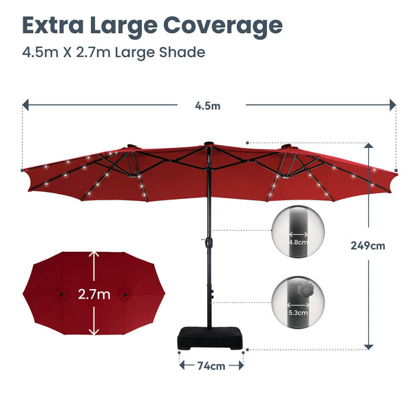 4.5m Solar Double-Sided Patio Extra Large Twin Umbrella with Led Lights and Base