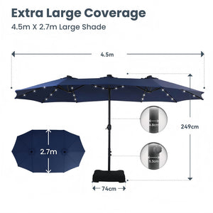 4.5m Solar Double-Sided Patio Extra Large Twin Umbrella with Led Lights and Base