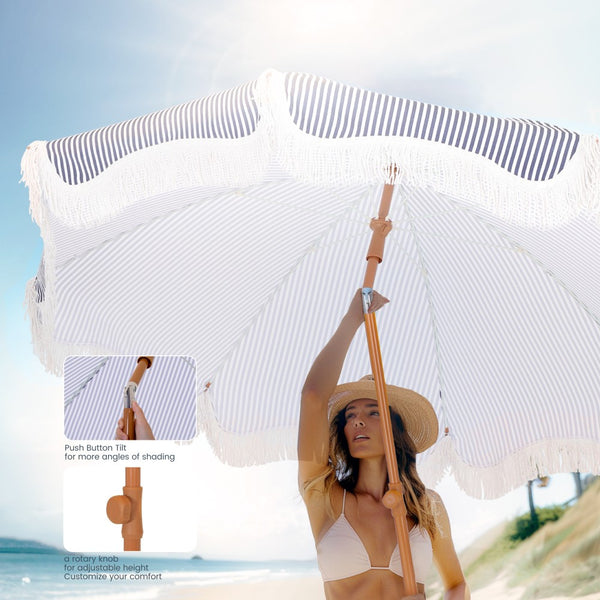 2m Auto-Tilt Beach Tassel Umbrella With Handy Carry Bags