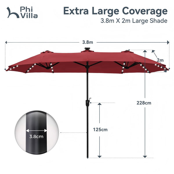4m Large Double-Sided Patio Umbrella with Solar Powered LED Lights