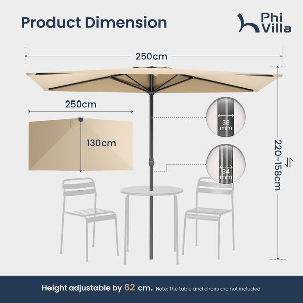 2.5 x 1.3m Half Garden Parasol with Clamp Base