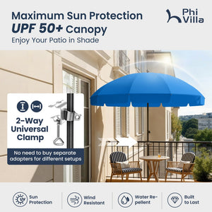 Round Tilting Portable Garden Sun Umbrella with Clamp and Cover for Patio and Balcony