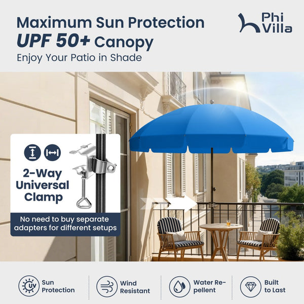 Round Tilting Portable Garden Sun Umbrella with Clamp and Cover for Patio and Balcony
