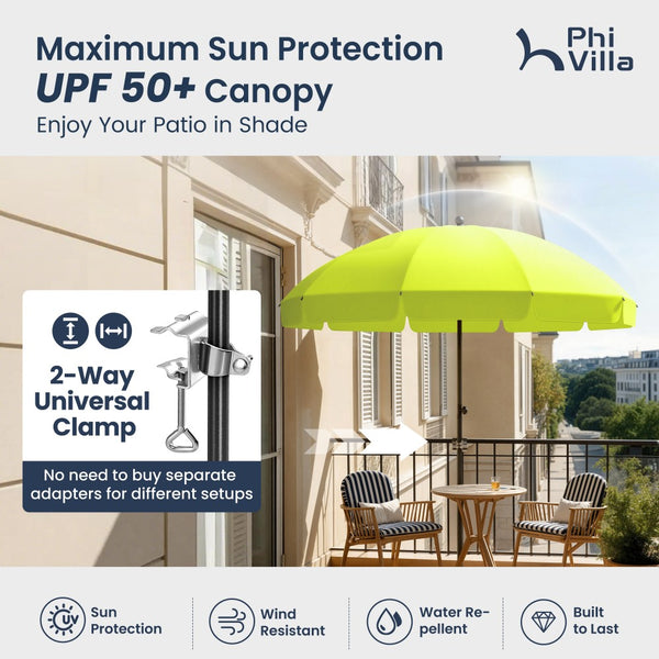 Round Tilting Portable Garden Sun Umbrella with Clamp and Cover for Patio and Balcony
