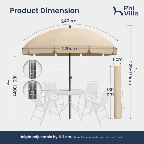 Round Tilting Portable Garden Sun Umbrella with Clamp and Cover for Patio and Balcony
