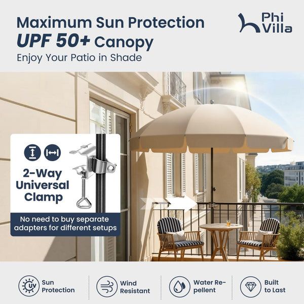 Round Tilting Portable Garden Sun Umbrella with Clamp and Cover for Patio and Balcony