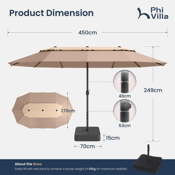 4.5m 2 Tier Large Double-Sided Patio Vented Umbrella with Base