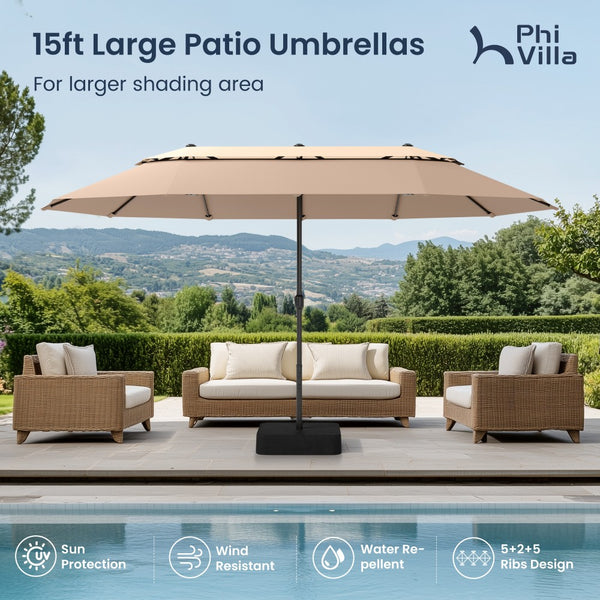 4.5m 2 Tier Large Double-Sided Patio Vented Umbrella with Base