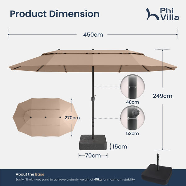 4.5m 2 Tier Large Double-Sided Patio Vented Umbrella with Base