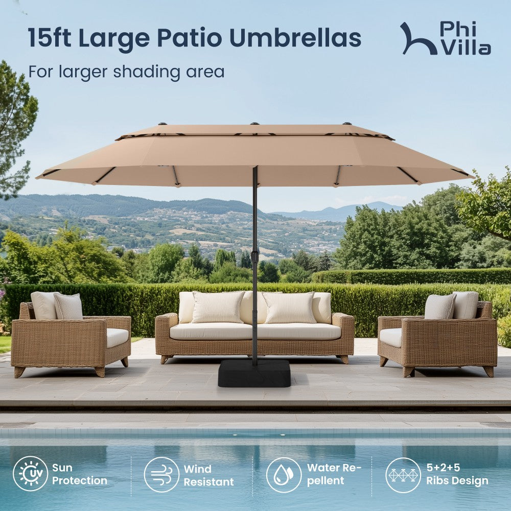 4.5m 2 Tier Large Double-Sided Patio Vented Umbrella with Base