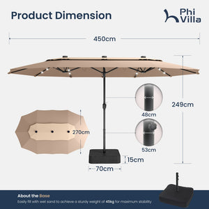 4.5m 2 Tier Large Double-Sided Patio Vented Umbrella with Base
