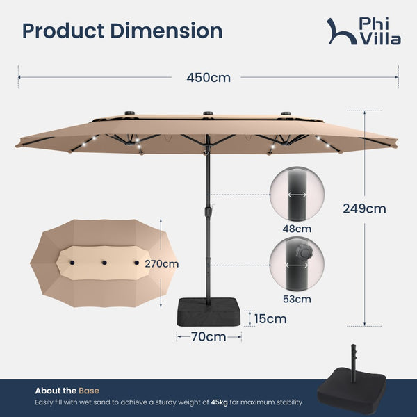 4.5m 2 Tier Large Double-Sided Patio Vented Umbrella with Base
