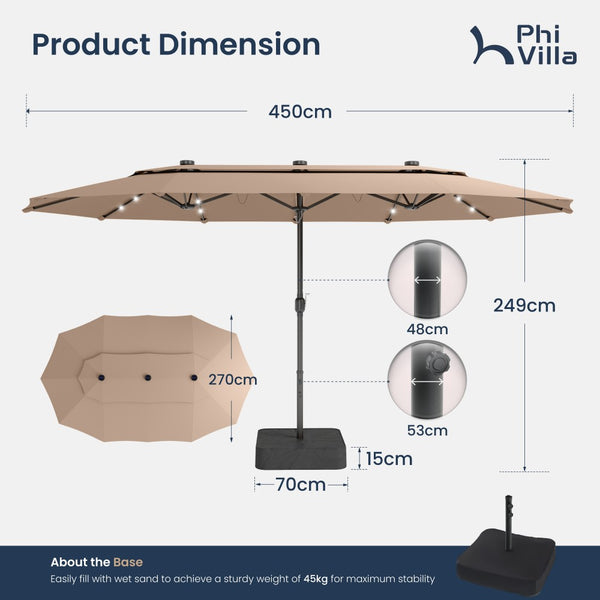 4.5m 2 Tier Large Double-Sided Patio Vented Umbrella with Base