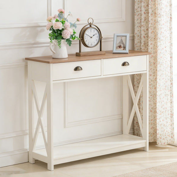 White Farmhouse Console Table for Entryway or Hallway