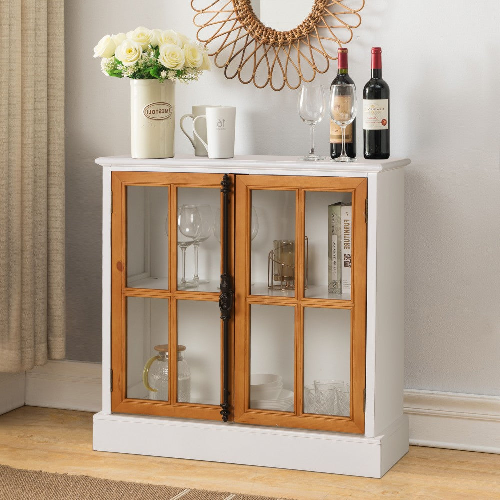 White Accent Cabinet with 2 Glass Doors for Living Room