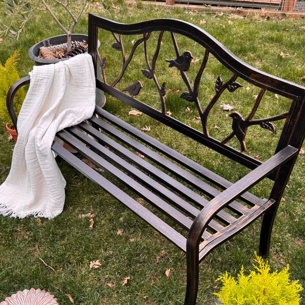 129cm Metal Garden Bench with Cast Iron Bird Pattern Backrest