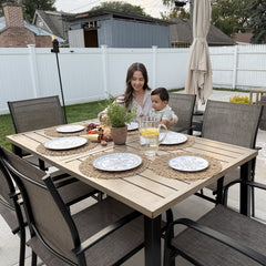Teak-Grain Outdoor Garden Dining Table Metal Table with Umbrella Hole 6 Seaters