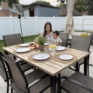 Teak-Grain Outdoor Garden Dining Table Metal Table with Umbrella Hole 6 Seaters