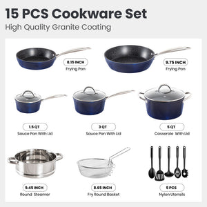 15 Piece Hammered Nonstick Cookware Set with Granite Coating