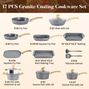 Induction Nonstick Granite-Coating 17 Piece Cookware Set