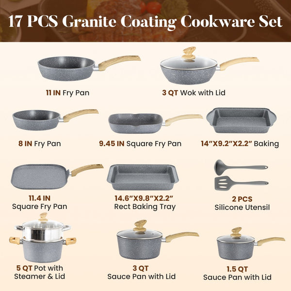 Induction Nonstick Granite-Coating 17 Piece Cookware Set