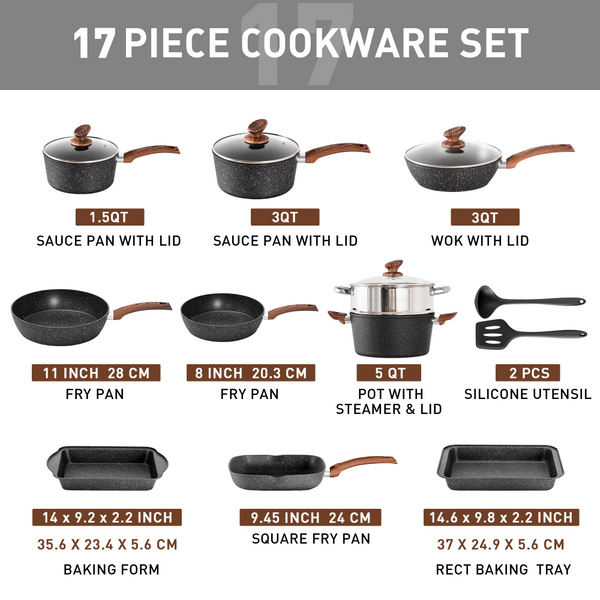 Induction Nonstick Granite-Coating 17 Piece Cookware Set