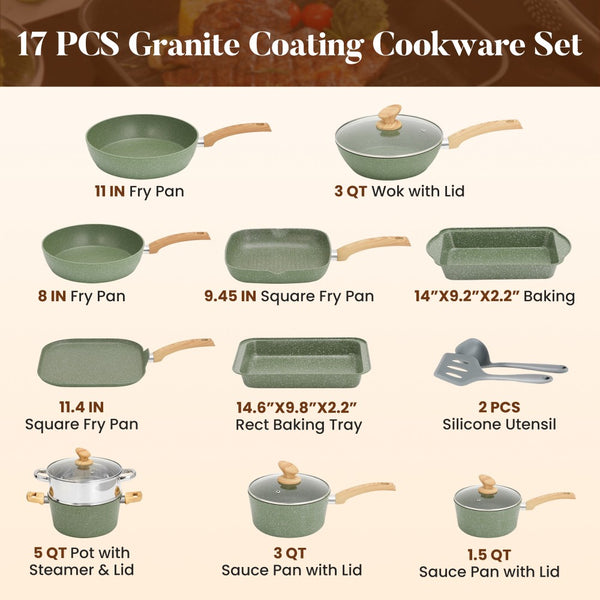 Induction Nonstick Granite-Coating 17 Piece Cookware Set